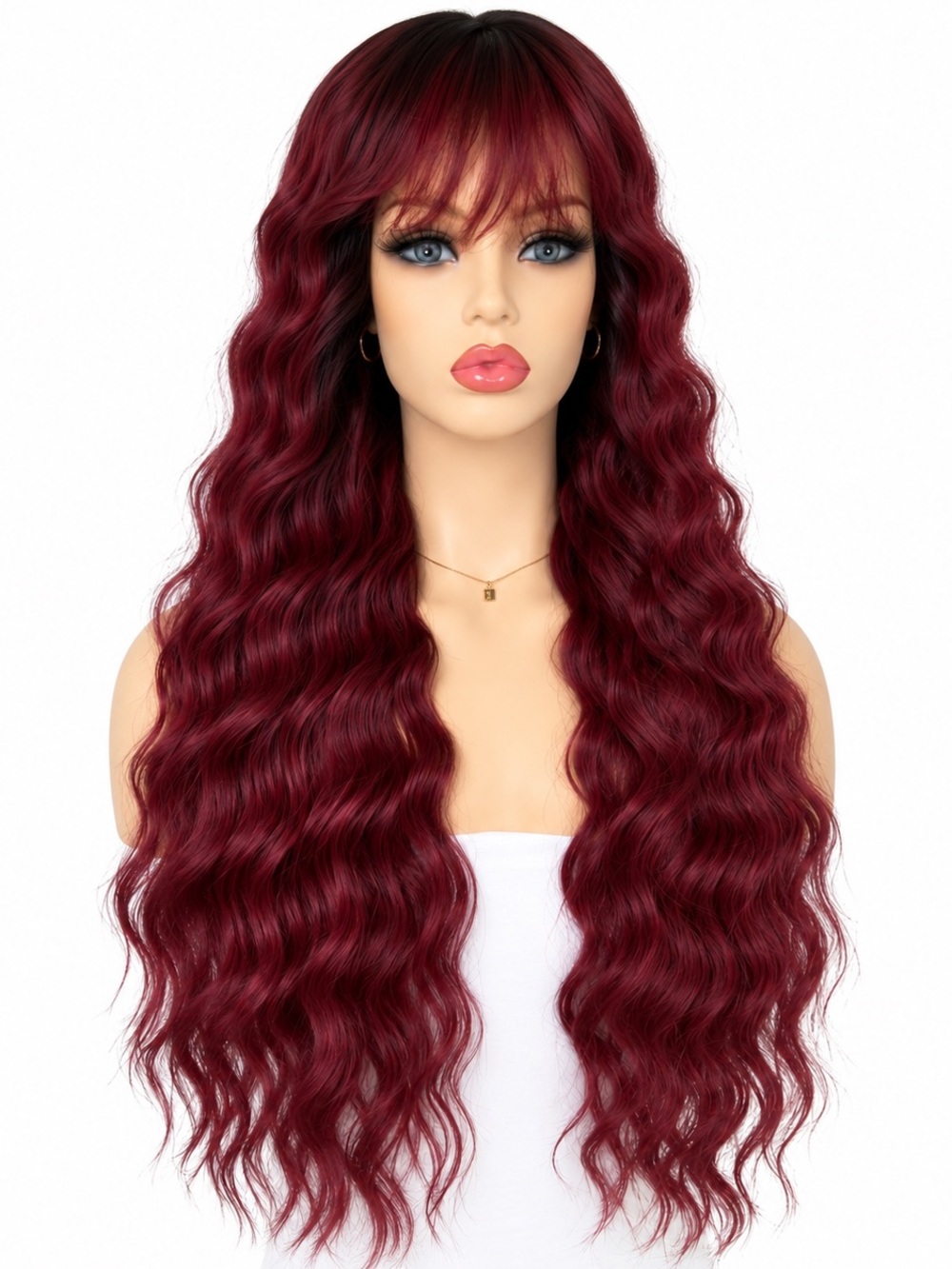 Long Wavy red Burgundy Wig with Soft Bangs 24 inches long - Women Hair